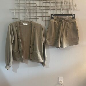 Olive Green Cardigan and Shorts Set